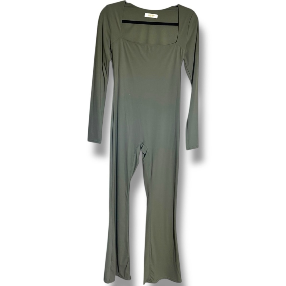 Qinsen Chic Olive Green Square Neck Flared Leg Long Sleeve Bodycon Jumpsuit - Picture 12 of 16